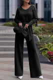 Casual Simplicity Solid Bandage V Neck Long Sleeve Two Pieces