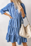 Casual Street Solid Patchwork Turndown Collar Nine Points Sleeve Loose Denim Dresses