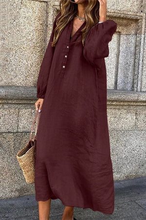 Casual Solid Buttons V Neck Long Sleeve Dresses(4 Colors)