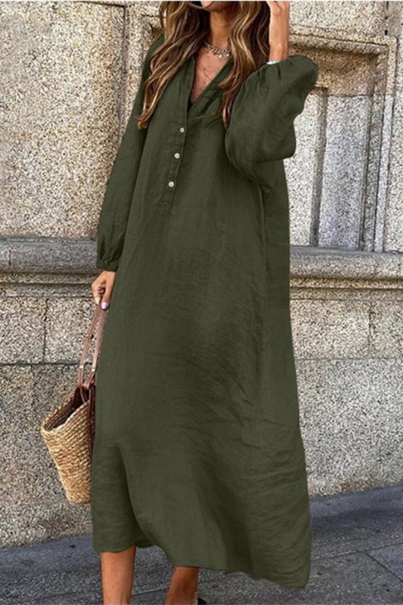 Casual Solid Buttons V Neck Long Sleeve Dresses(4 Colors)
