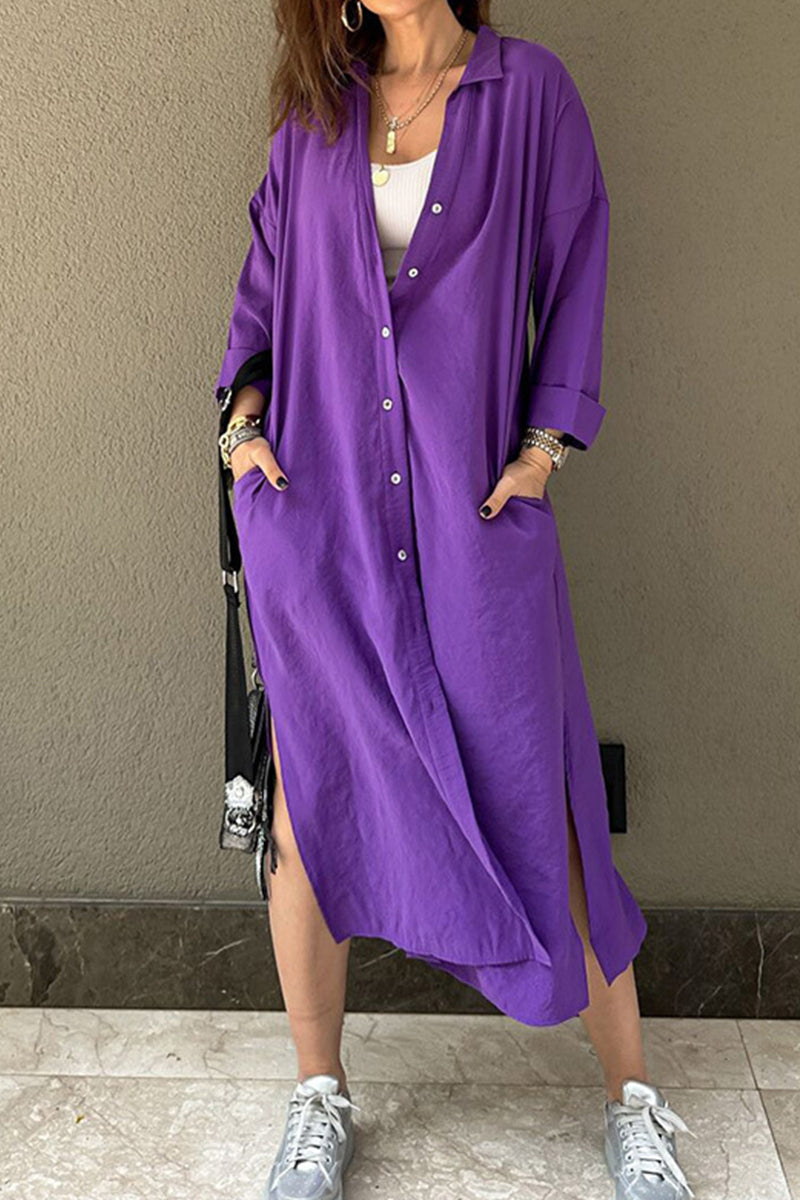 Casual Solid Buckle POLO collar Shirt Dress Dresses