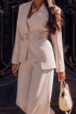 Work Elegant Solid With Belt Turn-back Collar Long Sleeve Two Pieces