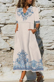 Casual Print Pocket V Neck A Line Dresses