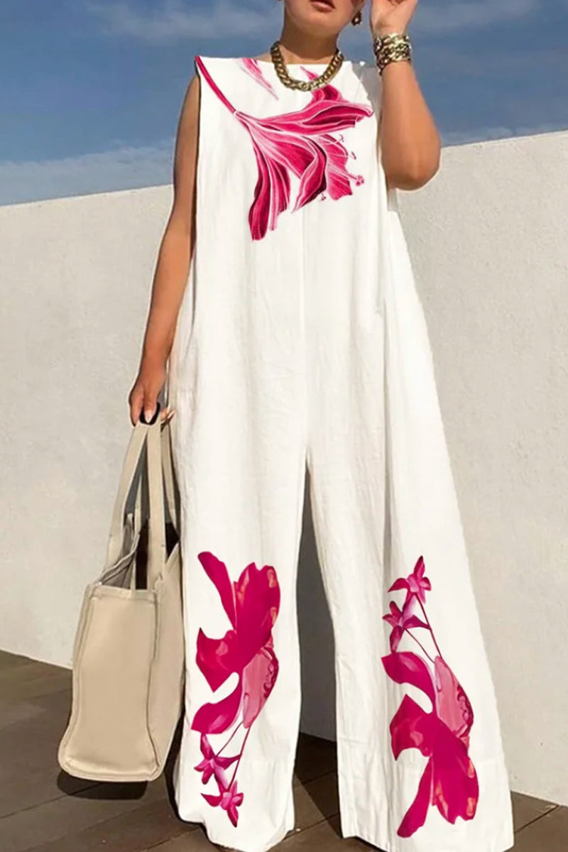 Casual Street Print O Neck Loose Jumpsuits
