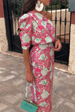 Elegant Floral Patchwork Oblique Collar Printed Dress Dresses