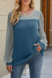 Casual Color Block Lace Hollowed Out Contrast O Neck Tops(5 Colors)
