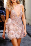 Sexy Solid See-through Feathers V Neck Princess Dresses