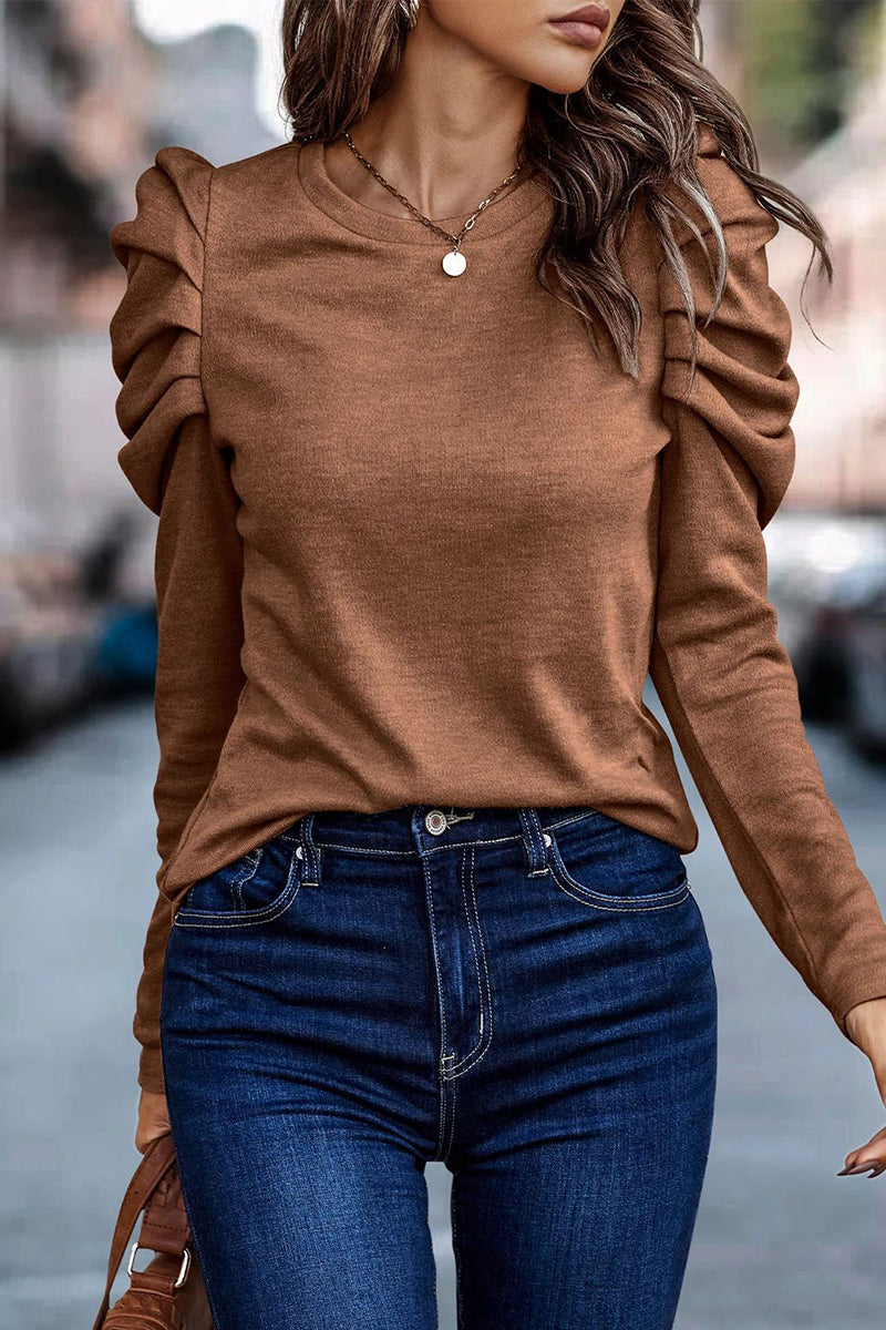 Casual Solid Fold O Neck Tops