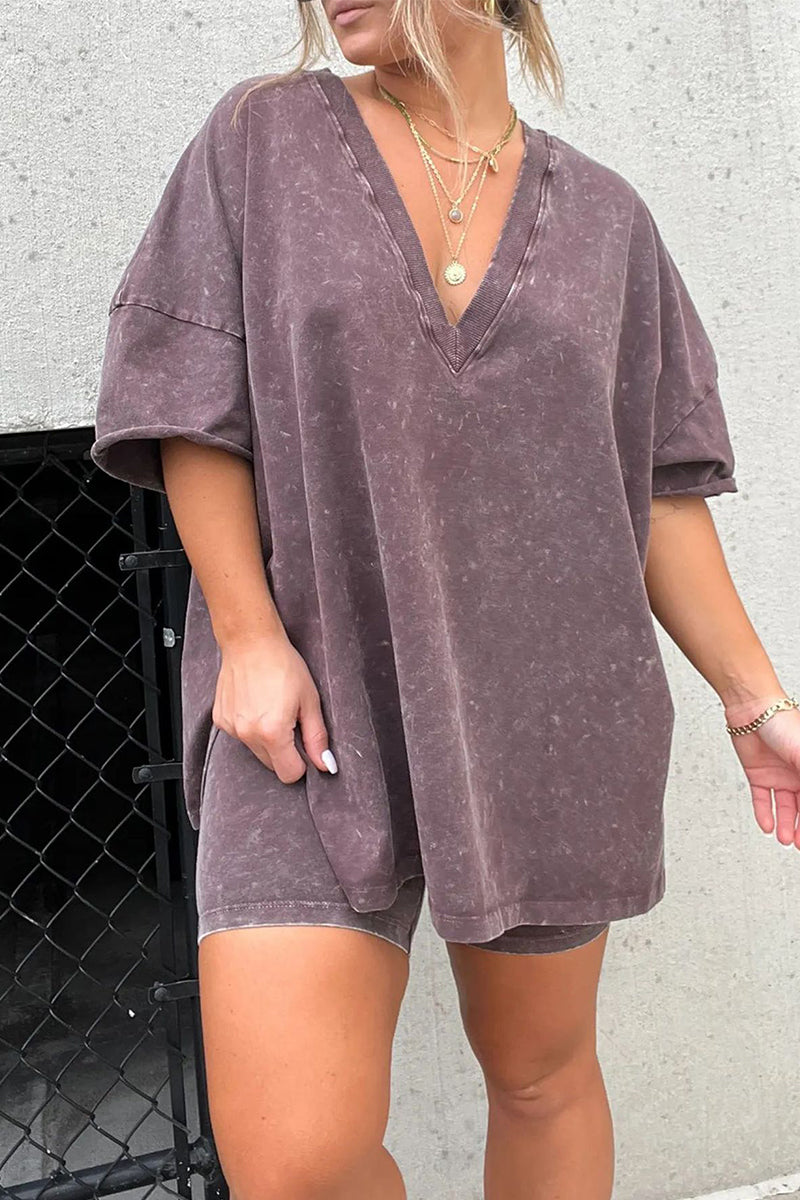 Casual Simplicity Solid V Neck Short Sleeve Two Pieces