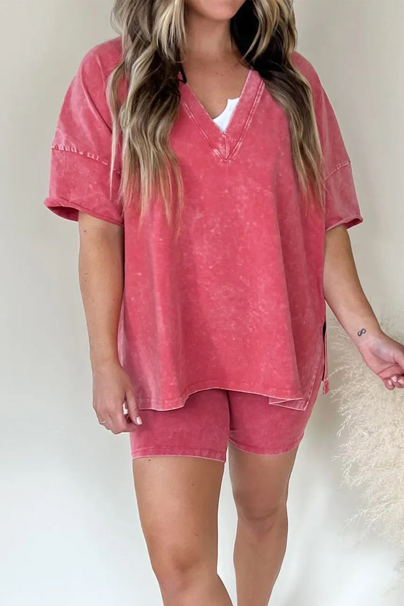 Casual Simplicity Solid V Neck Short Sleeve Two Pieces