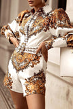 Vintage Print Patchwork Turndown Collar Straight Rompers