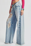 Casual Solid Ripped Patchwork Mid Waist Regular Denim Jeans (Subject To The Actual Object)