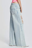 Casual Solid Ripped Patchwork Mid Waist Regular Denim Jeans (Subject To The Actual Object)