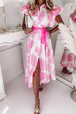 Elegant Print Buckle Flounce Turndown Collar A Line Dresses(5 Colors)