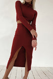 Elegant Solid Slit Turtleneck Long Sleeve Two Pieces(4 Colors)