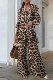 Casual Leopard Patchwork Turndown Collar Long Sleeve Two Pieces