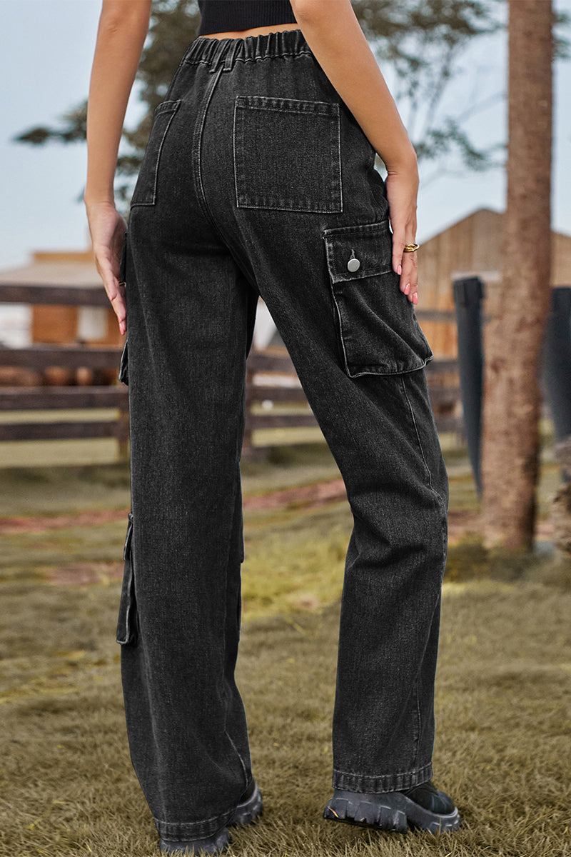 Street Solid Pocket Mid Waist Loose Denim Jeans
