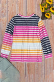 Casual Striped Contrast V Neck Plus Size Tops