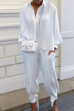 Casual Solid Pocket Turndown Collar Long Sleeve Two Pieces(4 Colors)