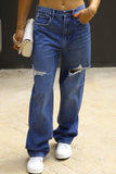 Casual Vintage Solid Ripped Mid Waist Loose Denim Jeans