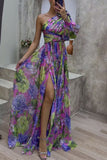 Elegant Floral Slit Oblique Collar Evening Dress Dresses