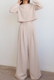Elegant Solid Pocket O Neck Long Sleeve Two Pieces