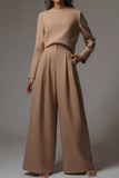Elegant Solid Pocket O Neck Long Sleeve Two Pieces