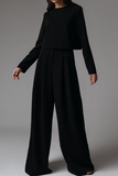 Elegant Solid Pocket O Neck Long Sleeve Two Pieces