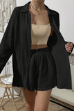 Casual Simplicity Solid Fold Turndown Collar Long Sleeve Two Pieces