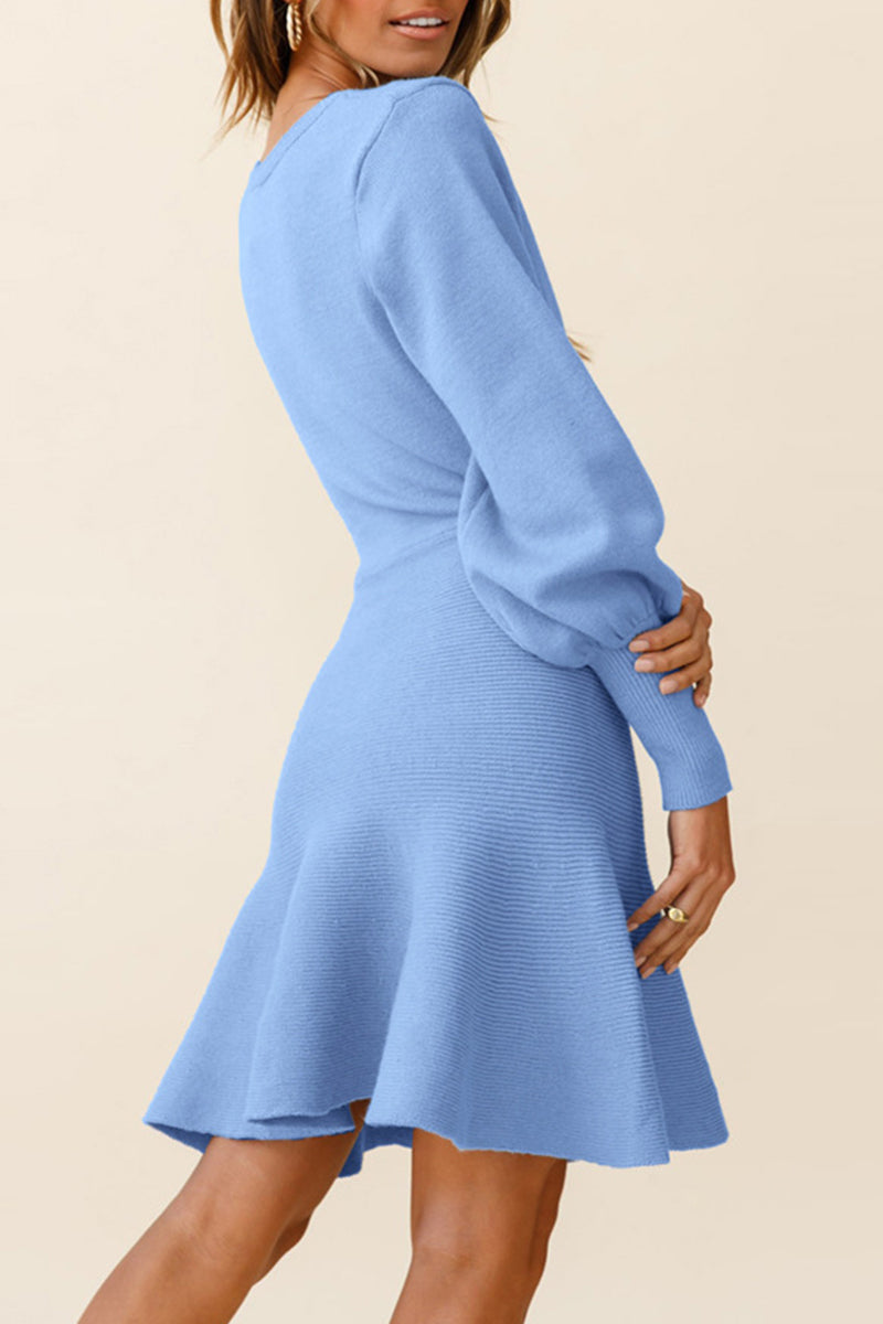 Elegant Solid Patchwork O Neck Waist Skirt Dresses(4 Colors)