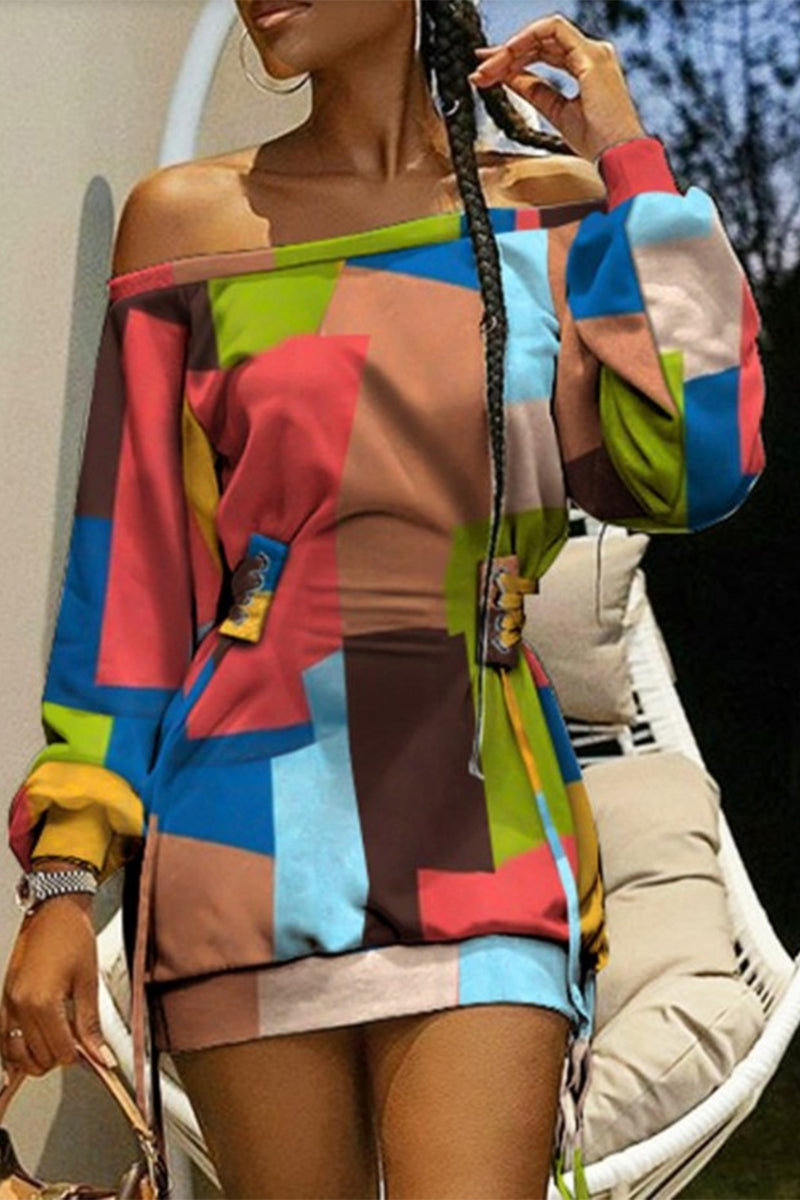 Casual Print Strap Design Off the Shoulder Irregular Dresses(5 Colors)