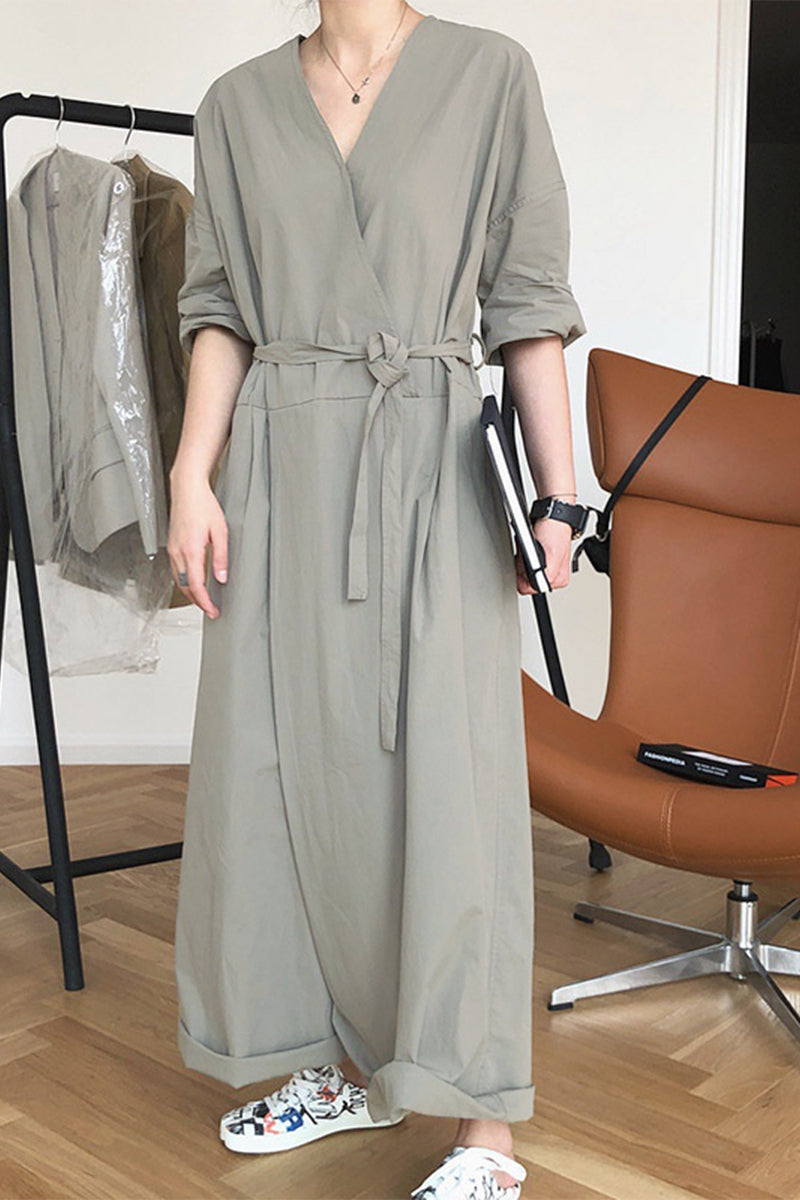 Casual College Solid Frenulum V Neck Loose Jumpsuits