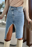 Street Solid Make Old Slit Asymmetrical Regular Denim Skirts