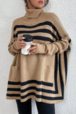 Street Striped Patchwork Pocket Turtleneck Tops