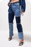 Casual Color Block Patch Contrast Mid Waist Regular Denim Jeans(6 Colors)