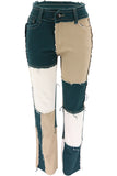 Casual Color Block Patch Contrast Mid Waist Regular Denim Jeans(6 Colors)