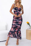 Elegant Floral Fold Square Collar Printed Dress Dresses(3 Colors)