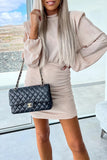 Elegant Solid Fold Contrast O Neck Wrapped Skirt Dresses