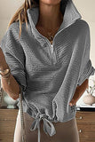 Casual Solid Draw String Zipper Turndown Collar Tops(6 Colors)