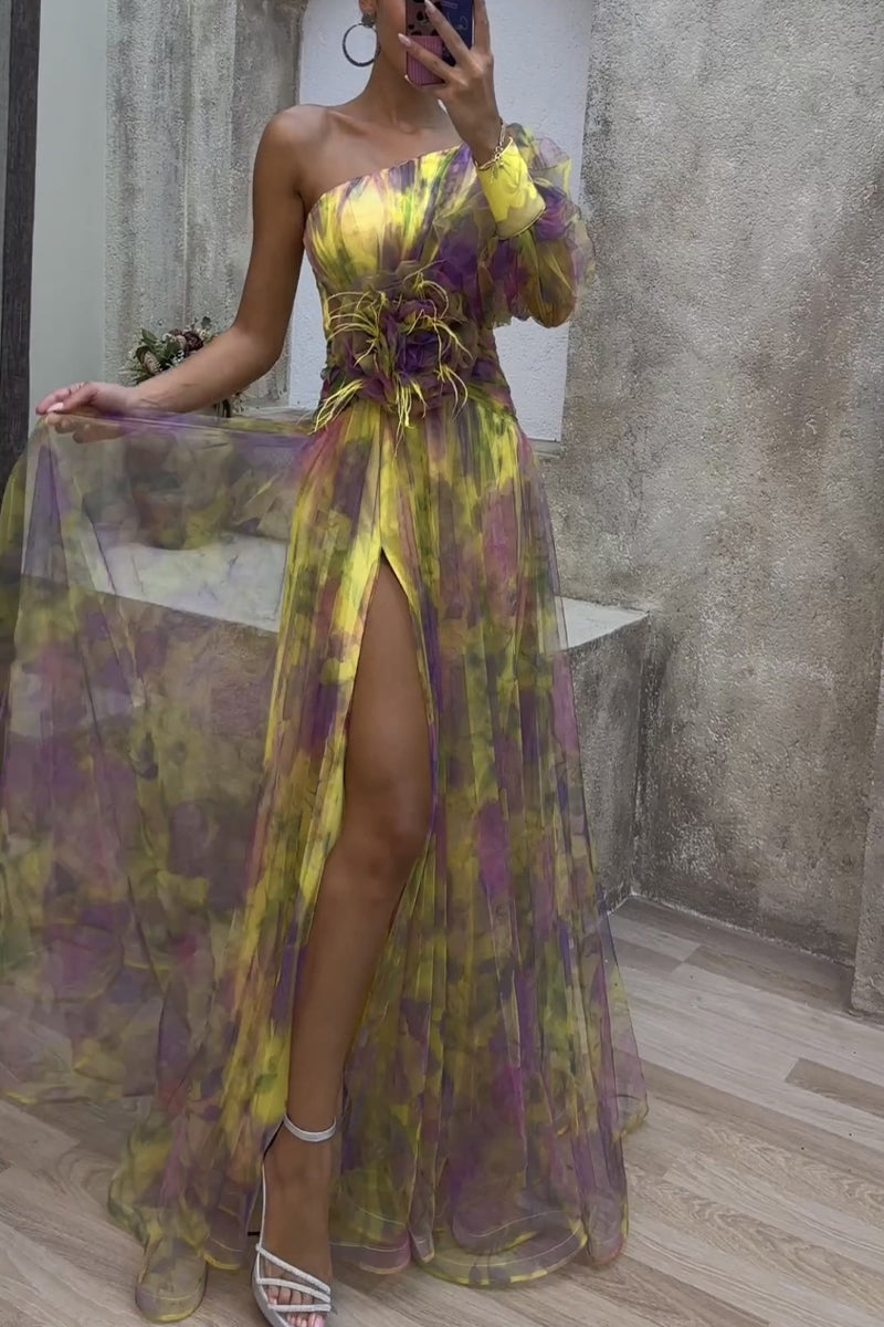 Elegant Floral Patchwork Oblique Collar Printed Dresses(3 Colors)