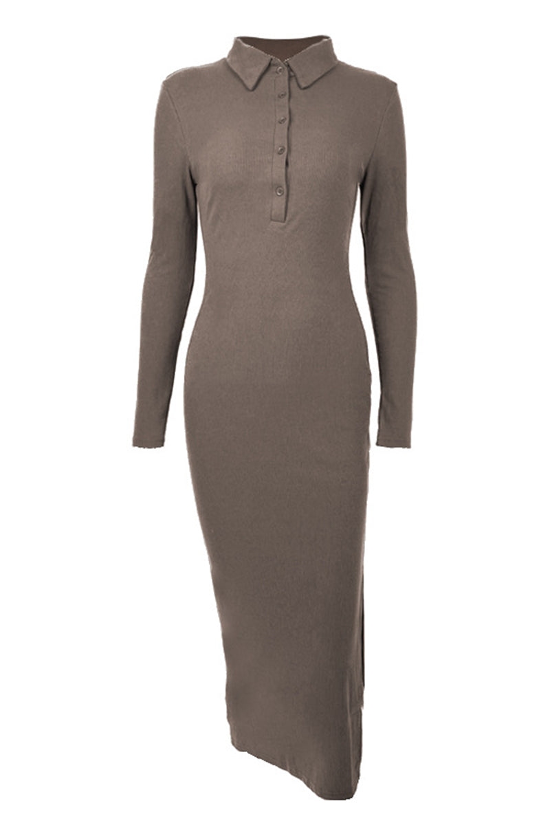Elegant Solid Buttons Slit Turndown Collar One Step Skirt Dresses(6 Colors)
