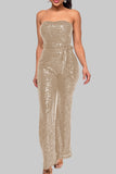 Street Solid Bandage Sequins Patchwork Strapless Regular Jumpsuits(5 Colors)