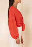 Florcoo Buttons Design Lace-up Red Blouse