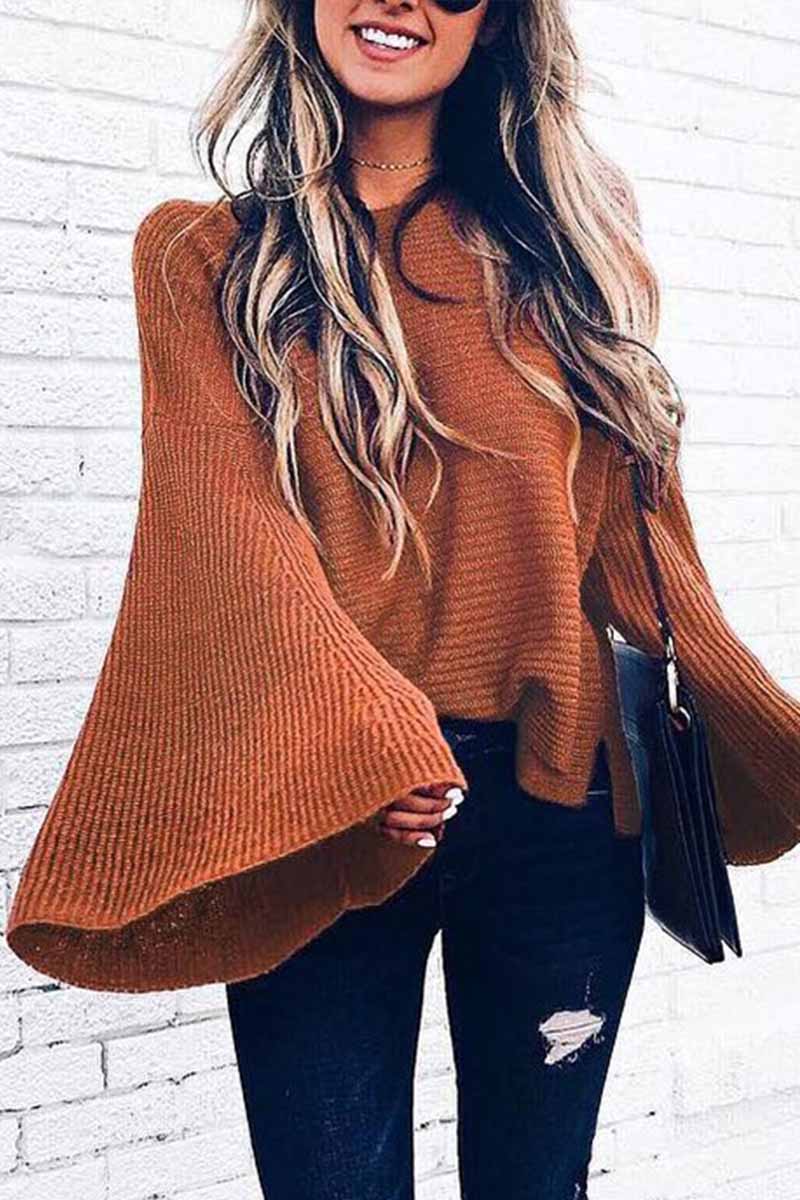 Florcoo Fashion Wide Sleeve Knitted Sweater