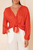 Florcoo Buttons Design Lace-up Red Blouse