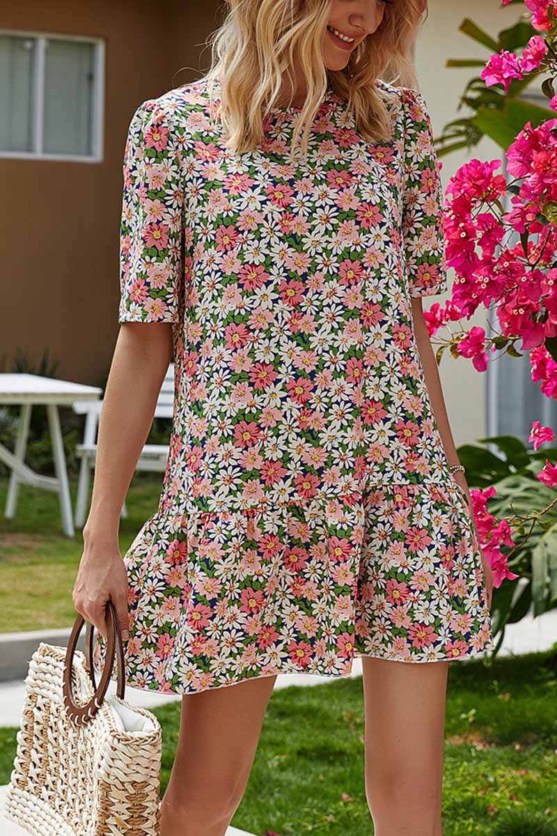 Florcoo Round Neck Ruffled Floral Mini Dress