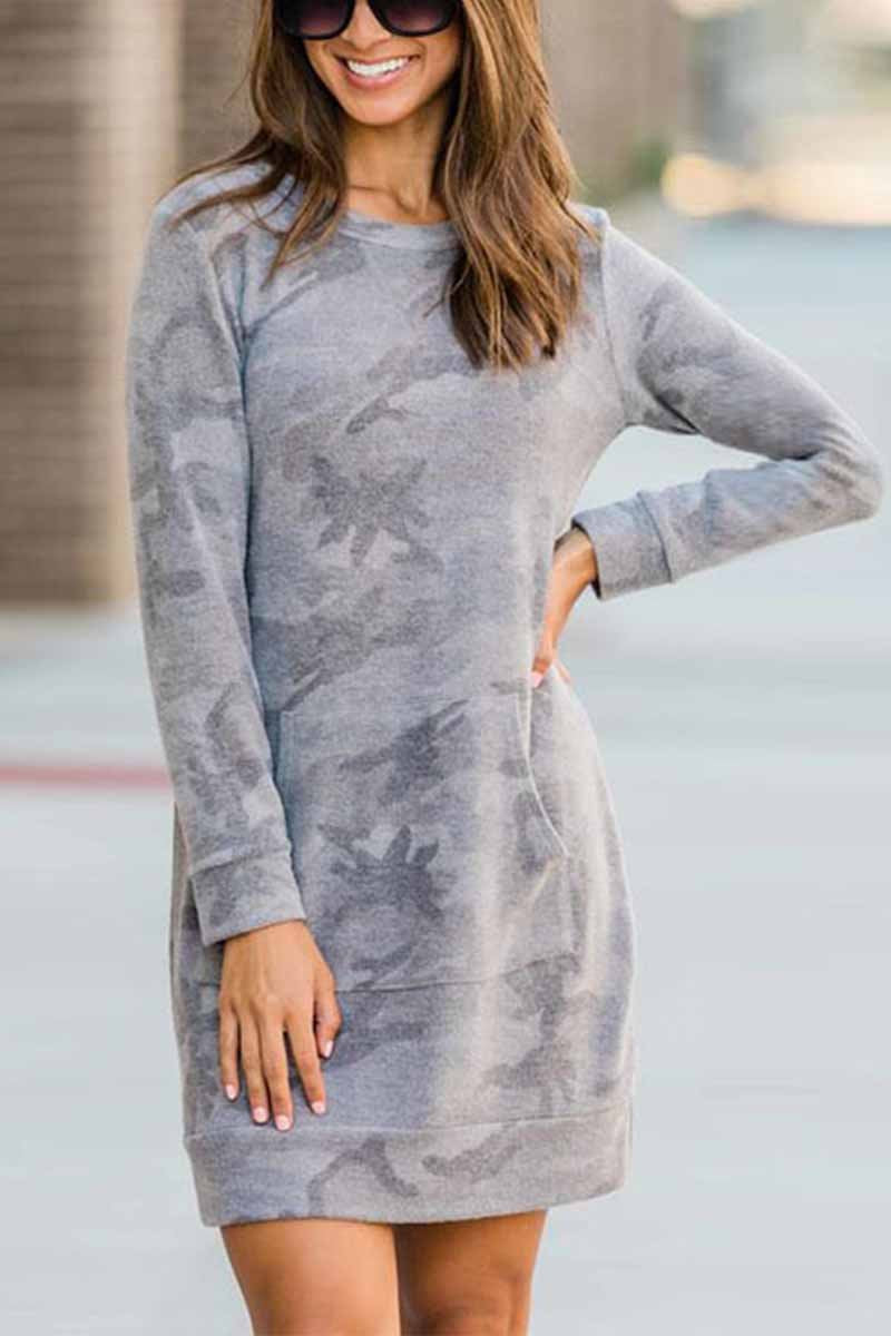 Florcoo Casual Loose Round Neck Camouflage Mini Dress