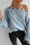 Florcoo Spring Button-Neck Off-Shoulder Long-Sleeved Denim Shirt
