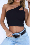 Florcoo Pure Color Sexy Single Shoulder Strap Hollow Tops