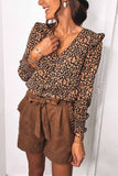 Florcoo V-Neck Spotted Leopard Print Long-Sleeved Shirt